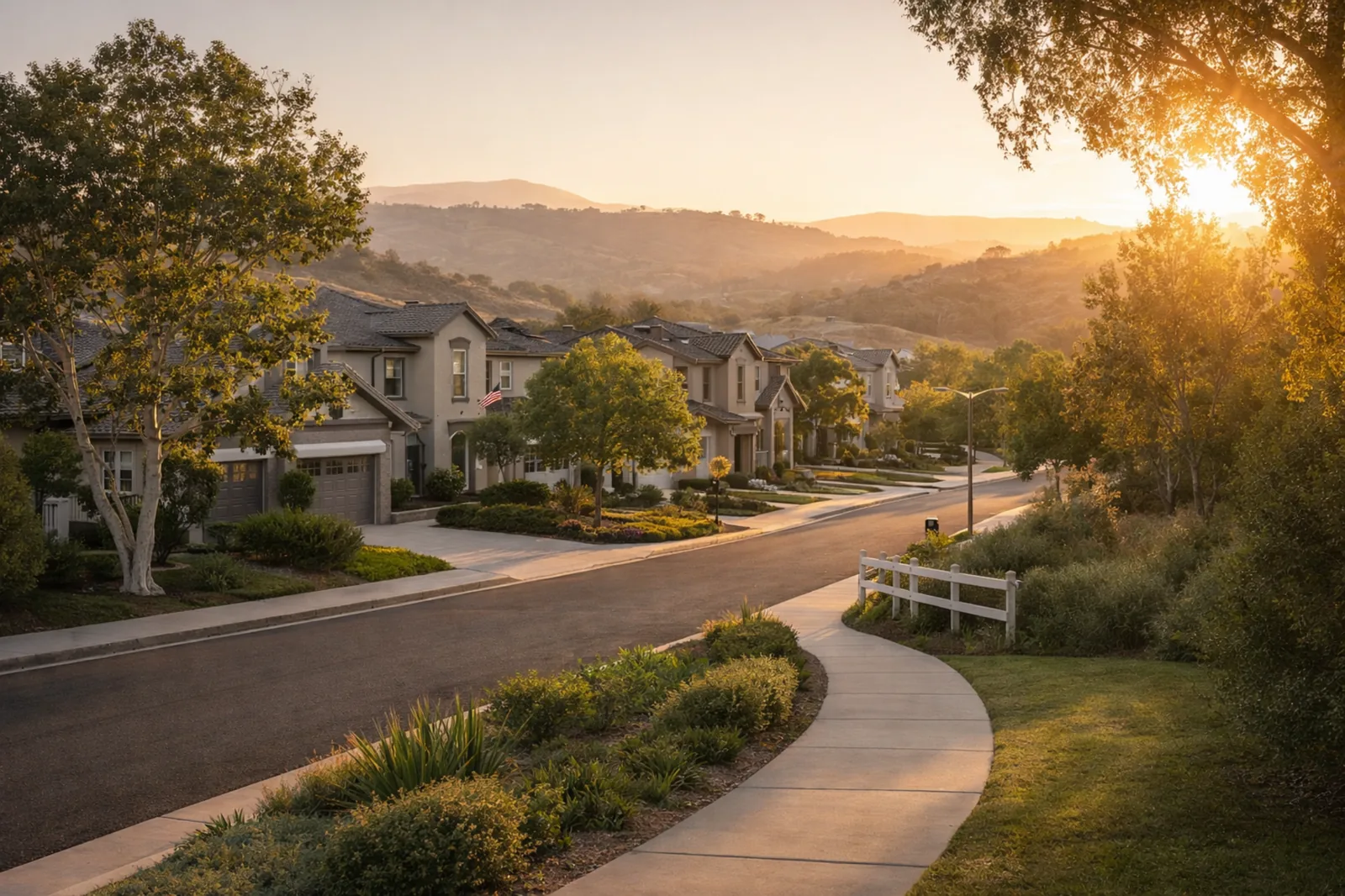 A quiet upscale residential street in San Diego at sunset, showing a calm neighborhood that supports healthy routine.